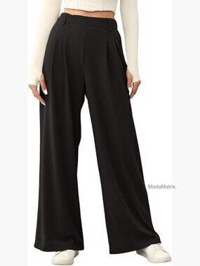 High Waisted Waffle Knit Wide Leg Pants with Pockets Business Casual Trousers